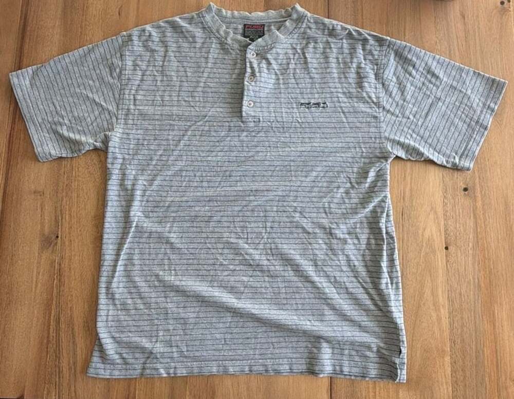 Vintage FUBU Striped Short Sleeve Henley Shirt Gray Medium Y2K